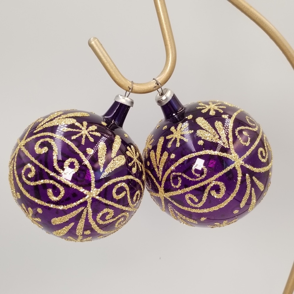 Pair Handblown Purple Glass Ball Ornaments Gold Glitter Scrolls Michoacan Mexico
